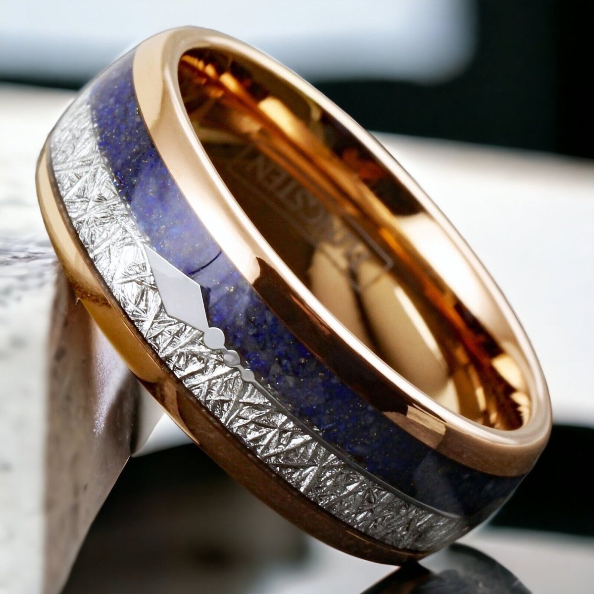 Meteorite & Blue Lapis Lazuli Wedding Band, Mens Meteorite Rose Gold newest Wedding rin